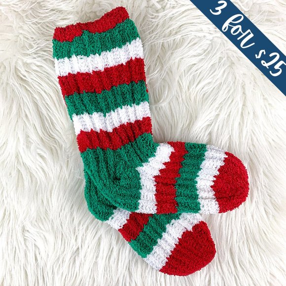 Accessories - 3/$25 Festive Holiday Striped Fuzzy Slipper Socks